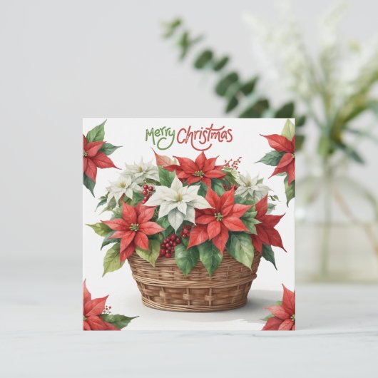 Vrolijk Kerstmis Poinsettia mand Feestdagenkaart (Staand voorkant)