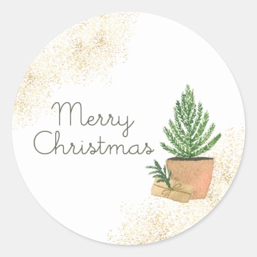 Vrolijk Kerstmis Potted Fir Tree en Kraft Parcel Ronde Sticker (Voorkant)