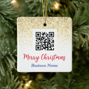 Vrolijk Kerstmis QR Code Bedrijfsnaam Gouden Glitt Keramisch Ornament