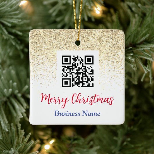 Vrolijk Kerstmis QR Code Bedrijfsnaam Gouden Glitt Keramisch Ornament (Boom)
