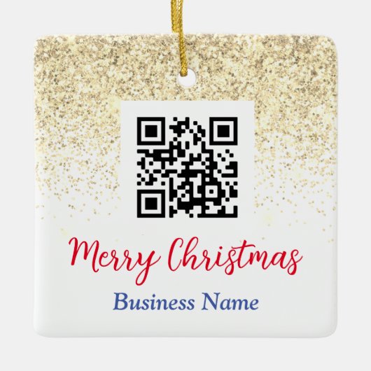Vrolijk Kerstmis QR Code Bedrijfsnaam Gouden Glitt Keramisch Ornament (Voorkant)