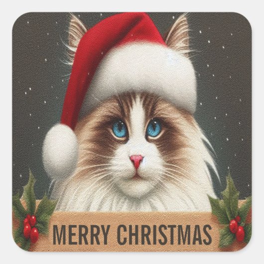 Vrolijk Kerstmis Ragdoll Kat, Kerstmis Santa Ragdo Vierkante Sticker (Voorkant)