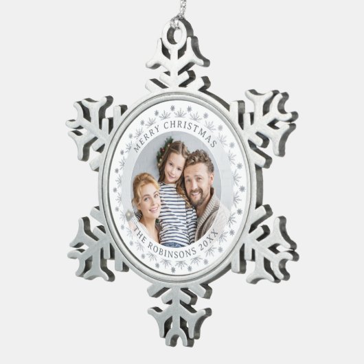 Vrolijk Kerstmis Regal Custom Foto Stijlvol Zilver Tin Sneeuwvlok Ornament (Rechts)
