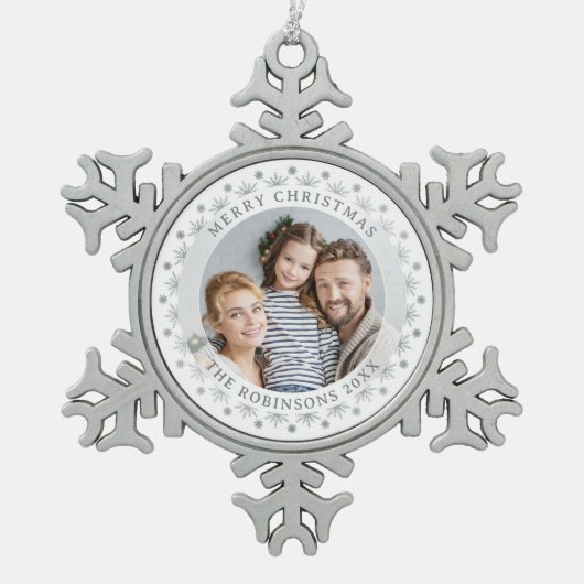 Vrolijk Kerstmis Regal Custom Foto Stijlvol Zilver Tin Sneeuwvlok Ornament (Voorkant)