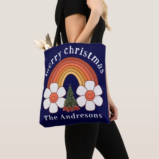 Vrolijk Kerstmis Regenboog Gepersonaliseerd Groot Tote Bag (Dichtbij)