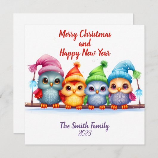 Vrolijk Kerstmis Regenboog Kleurrijke Uilen Feestdagenkaart (Voorkant / Achterkant)