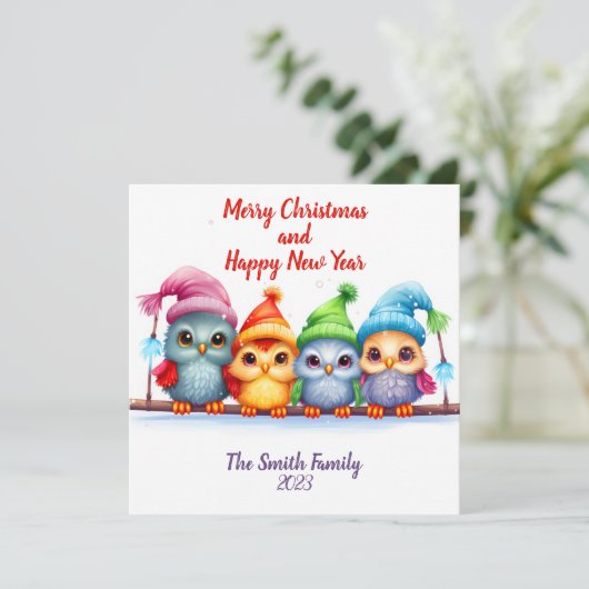 Vrolijk Kerstmis Regenboog Kleurrijke Uilen Feestdagenkaart (Staand voorkant)