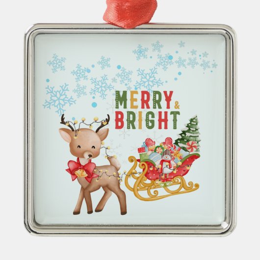 Vrolijk Kerstmis Rendier en Santa Sleigh Metalen Ornament (Voorkant)