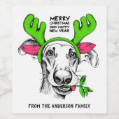 Vrolijk Kerstmis rendier hond gepersonaliseerd | K Wijn Etiket (Enkel label)