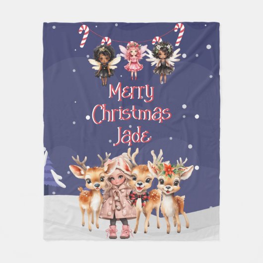 Vrolijk Kerstmis Rendier Peppermint Fairy w / Naam Fleece Deken (Voorkant)