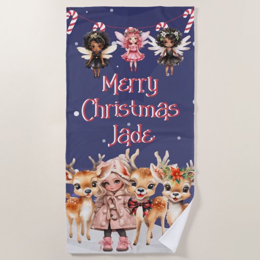 Vrolijk Kerstmis Rendier Peppermint Fairy w / Naam Strandlaken (Voorkant)