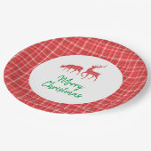 Vrolijk Kerstmis Rendier Rood Wit Twill Plaid Papieren Bordje (Gekanteld)