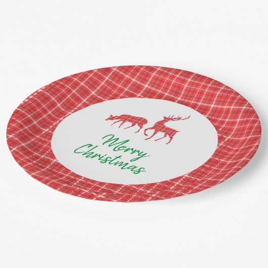 Vrolijk Kerstmis Rendier Rood Wit Twill Plaid Papieren Bordje (Gekanteld)