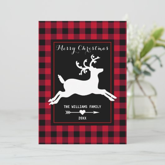 Vrolijk Kerstmis Rendier Rustieke Rode Buffel Chec Feestdagenkaart (Staand voorkant)
