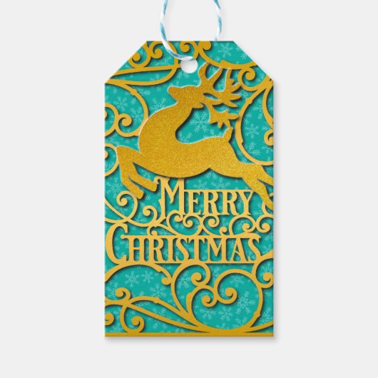 Vrolijk Kerstmis Rendier Silhouetten Sneeuwvlok Cadeaulabel (Voorkant)