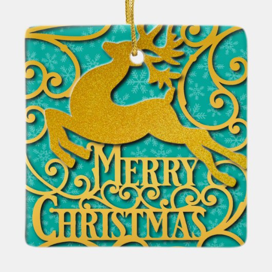 Vrolijk Kerstmis Rendier Silhouetten Sneeuwvlok Keramisch Ornament (Voorkant)