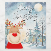 Vrolijk Kerstmis rendieren en lichten Wijn Etiket (Enkel label)