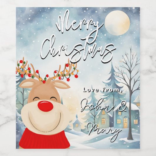Vrolijk Kerstmis rendieren en lichten Wijn Etiket (Enkel label)