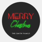Vrolijk Kerstmis Retro 80s Neon lichten Ronde Sticker (Voorkant)