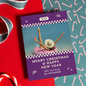 Vrolijk Kerstmis Retro Paarse Foto Gepersonaliseer Feestdagenkaart