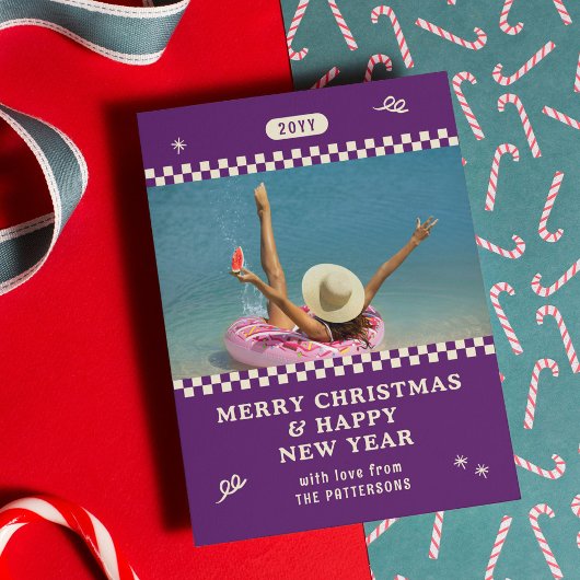 Vrolijk Kerstmis Retro Paarse Foto Gepersonaliseer Feestdagenkaart