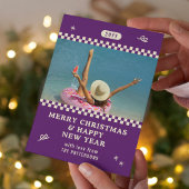 Vrolijk Kerstmis Retro Paarse Foto Gepersonaliseer Feestdagenkaart