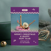 Vrolijk Kerstmis Retro Paarse Foto Gepersonaliseer Feestdagenkaart