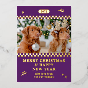 Vrolijk Kerstmis Retro Paarse Foto Gepersonaliseer Folie Feestdagenkaart