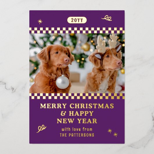 Vrolijk Kerstmis Retro Paarse Foto Gepersonaliseer Folie Feestdagenkaart (Voorkant)