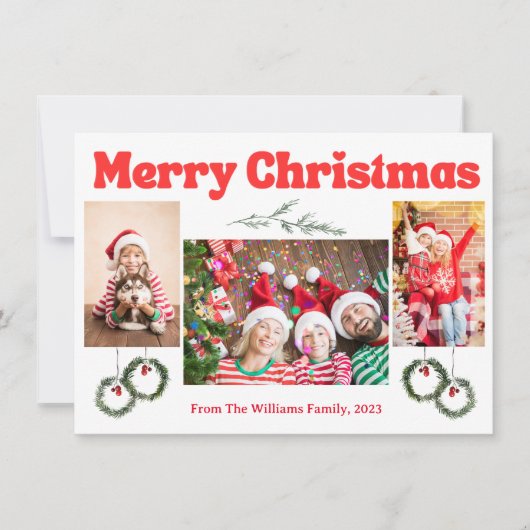 Vrolijk Kerstmis retro rode kalligrafie 3 foto's Feestdagenkaart (Voorkant)