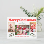 Vrolijk Kerstmis retro rode kalligrafie 3 foto's Feestdagenkaart (Staand voorkant)