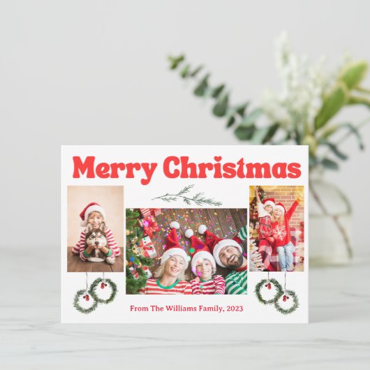 Vrolijk Kerstmis retro rode kalligrafie 3 foto's Feestdagenkaart (Staand voorkant)