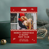Vrolijk Kerstmis Retro Rood Foto Gepersonaliseerd Feestdagenkaart