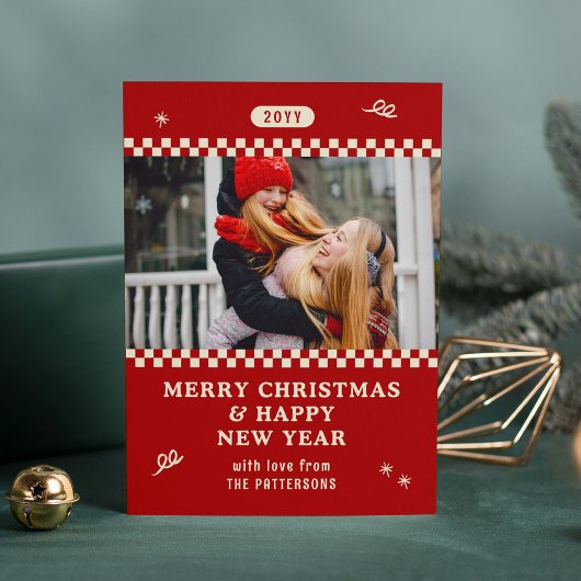 Vrolijk Kerstmis Retro Rood Foto Gepersonaliseerd Feestdagenkaart