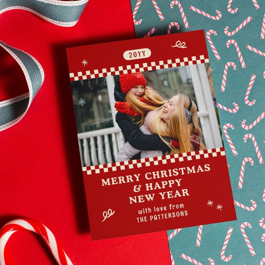 Vrolijk Kerstmis Retro Rood Foto Gepersonaliseerd Feestdagenkaart