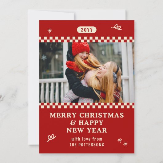 Vrolijk Kerstmis Retro Rood Foto Gepersonaliseerd Feestdagenkaart (Voorkant)