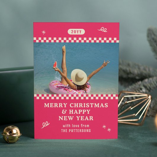 Vrolijk Kerstmis Retro Roze Foto Gepersonaliseerd Feestdagenkaart