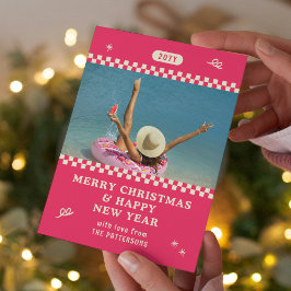 Vrolijk Kerstmis Retro Roze Foto Gepersonaliseerd Feestdagenkaart