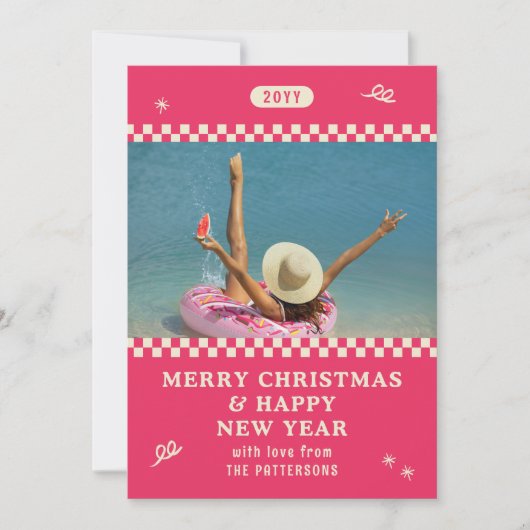 Vrolijk Kerstmis Retro Roze Foto Gepersonaliseerd Feestdagenkaart (Voorkant)