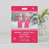 Vrolijk Kerstmis Retro Roze Foto Gepersonaliseerd Folie Feestdagenkaart (Staand Voorkant)