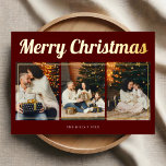 Vrolijk Kerstmis Retro Script Foto Rood Folie Feestdagenkaart<br><div class="desc">Vier het seizoen met onze gepersonaliseerde kerstkaart. De voorkant toont het retro script kop 'Merry Christmas' boven drie gekoesterde foto's. Voeg op de achterkant nog vier foto's en een gepersonaliseerde boodschap toe voor een warme touch.</div>