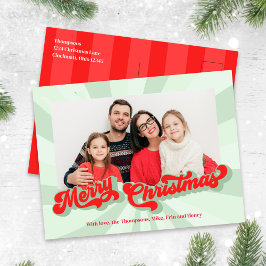 Vrolijk Kerstmis Retro Typografie Foto Rood Groen Feestdagenkaart
