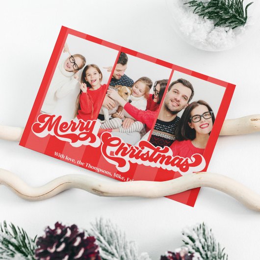 Vrolijk Kerstmis Retro Typografie Multi Drie Foto Feestdagenkaart