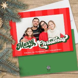 Vrolijk Kerstmis Retro Typografie Rood Groen Foto Feestdagenkaart