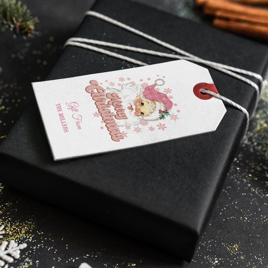 Vrolijk Kerstmis Retro Typografie Santa Roze Pet Cadeaulabel