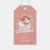 Vrolijk Kerstmis Retro Typografie Santa Roze Pet Cadeaulabel (Achterkant)