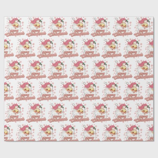 Vrolijk Kerstmis Retro Typografie Santa Roze Pet Cadeaupapier (Vlak)