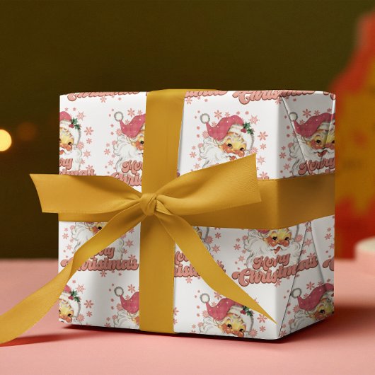 Vrolijk Kerstmis Retro Typografie Santa Roze Pet Cadeaupapier