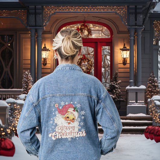 Vrolijk Kerstmis Retro Typografie Santa Roze Pet Denim Jacket