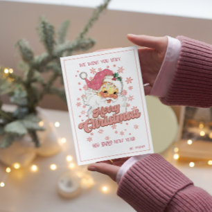 Vrolijk Kerstmis Retro Typografie Santa Roze Pet Kaart